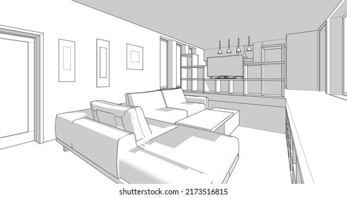 interior kitchen living room 3d illustration