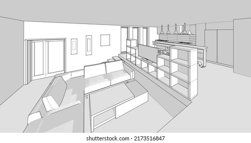 interior kitchen living room 3d illustration