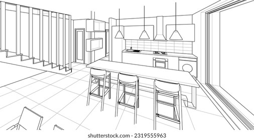 cocina interior sala de estar 3d ilustración