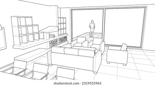 cocina interior sala de estar 3d ilustración