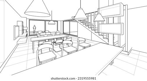 interior kitchen living room 3d illustration