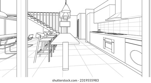 interior kitchen living room 3d illustration