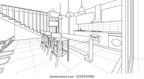 interior kitchen living room 3d illustration
