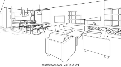 interior kitchen living room 3d illustration