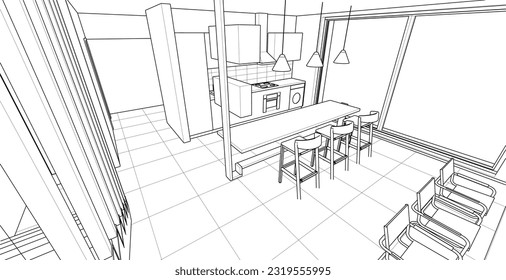 interior kitchen living room 3d illustration