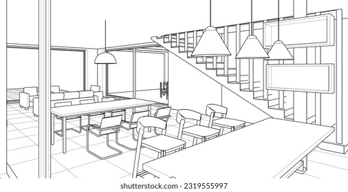 interior kitchen living room 3d illustration