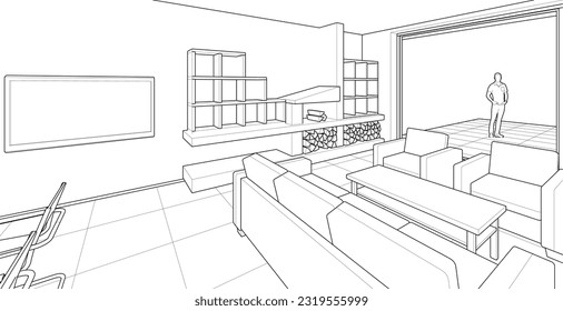 interior kitchen living room 3d illustration