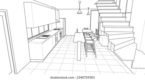 interior kitchen living room 3d illustration