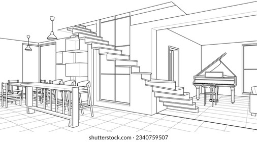 interior kitchen living room 3d illustration