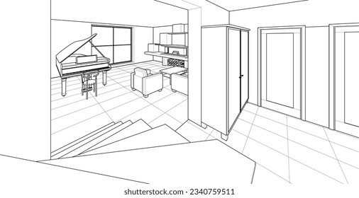 interior kitchen living room 3d illustration