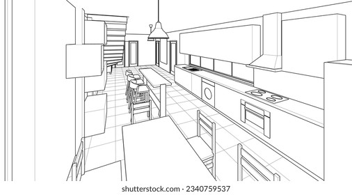 cocina interior sala de estar 3d ilustración