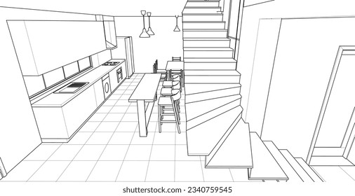 interior kitchen living room 3d illustration