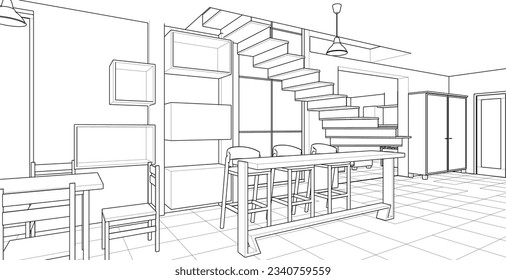 interior kitchen living room 3d illustration