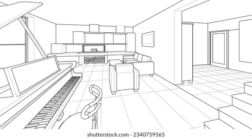 cocina interior sala de estar 3d ilustración