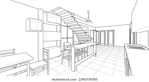cocina interior sala de estar 3d ilustración