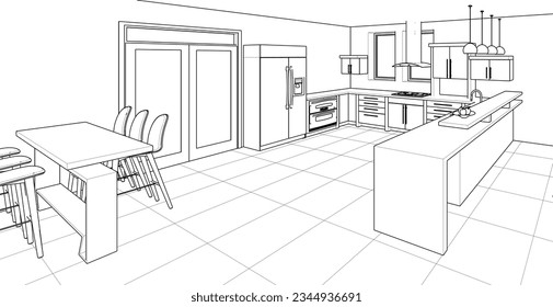 interior kitchen living room 3d illustration