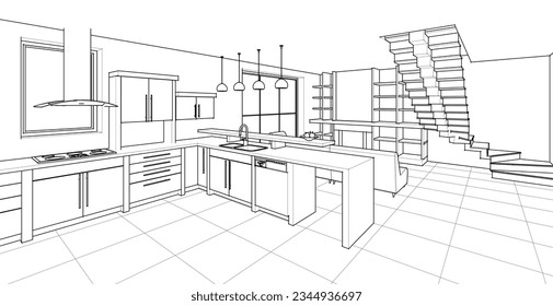 interior kitchen living room 3d illustration