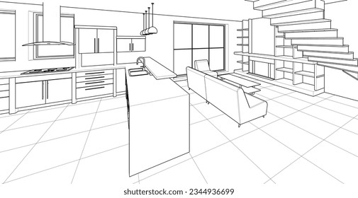 interior kitchen living room 3d illustration