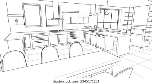  interior kitchen living room 3d illustration