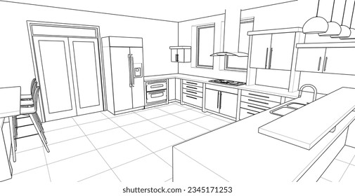  interior kitchen living room 3d illustration