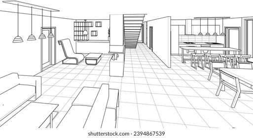 interior kitchen living room 3d illustration	
