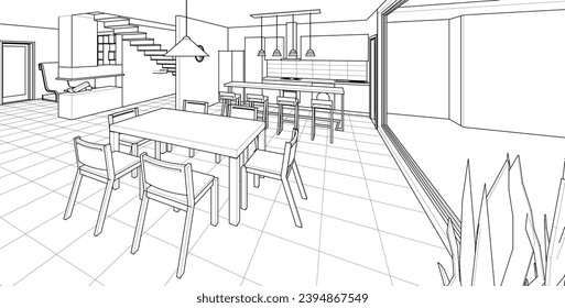 interior kitchen living room 3d illustration	
