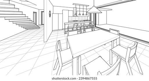 interior kitchen living room 3d illustration	
