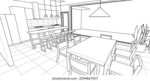 cocina interior sala de estar 3d ilustración	
