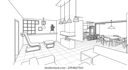 interior kitchen living room 3d illustration	
