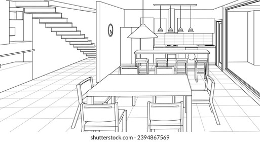 interior kitchen living room 3d illustration	
