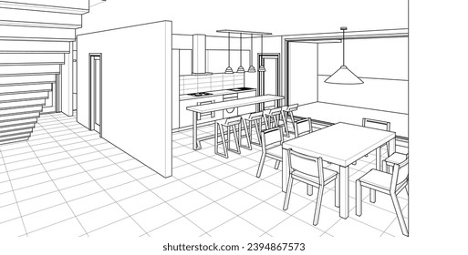cocina interior sala de estar 3d ilustración	
