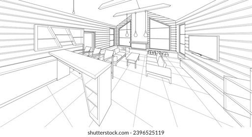 interior kitchen living room 3d illustration	
