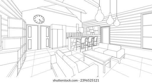 interior kitchen living room 3d illustration	

