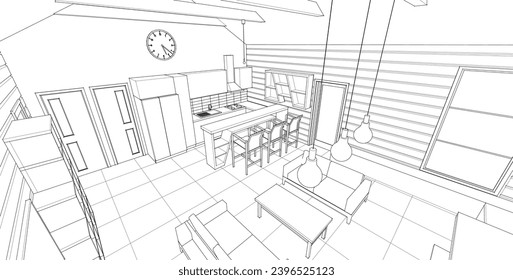 cocina interior sala de estar 3d ilustración	
