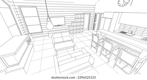 cocina interior sala de estar 3d ilustración	
