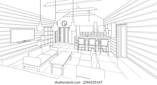 interior kitchen living room 3d illustration	
