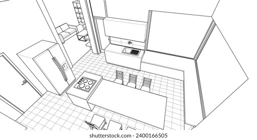 interior kitchen living room 3d illustration	
