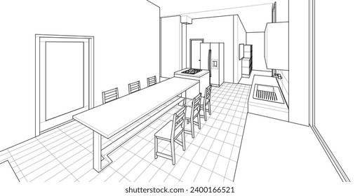 interior kitchen living room 3d illustration	
