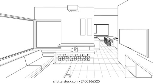 interior kitchen living room 3d illustration	
