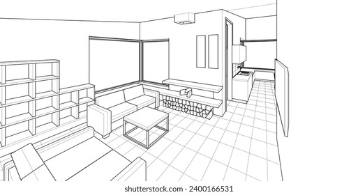 interior kitchen living room 3d illustration	
