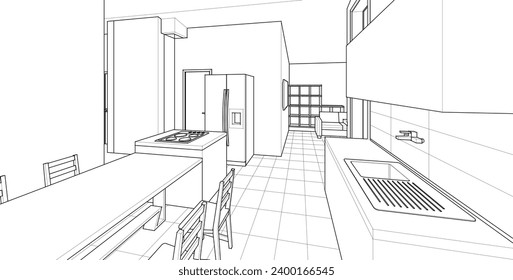 cocina interior sala de estar 3d ilustración	
