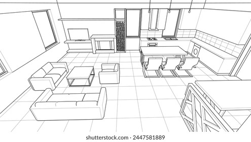 interior cocina sala de estar ilustración 3d