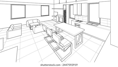 interior kitchen living room 3d illustration	