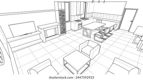 interior kitchen living room 3d illustration	