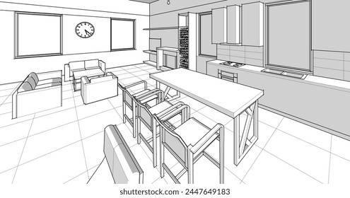 interior cocina sala de estar ilustración 3d	