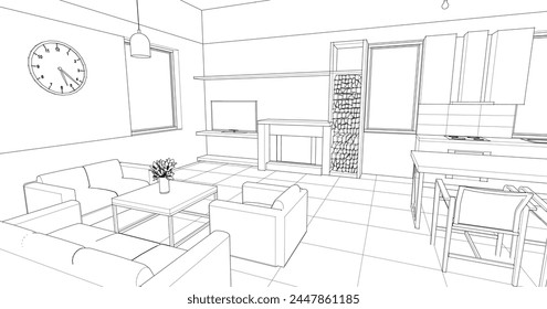 interior kitchen living room 3d illustration	