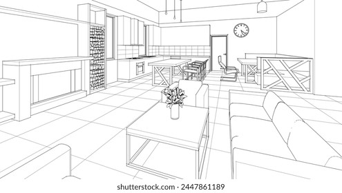 interior cocina sala de estar ilustración 3d	