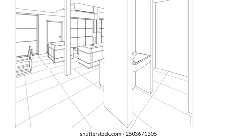 Cocina interior Sala de estar Ilustración 3D	