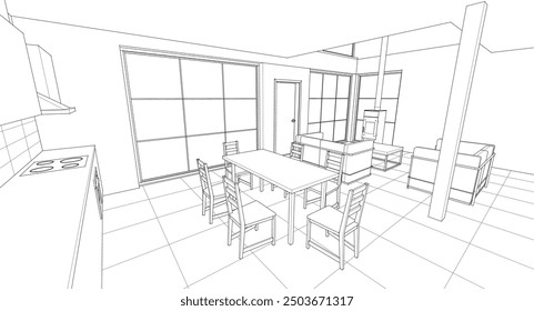 Cocina interior Sala de estar Ilustración 3D	