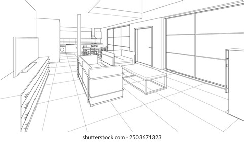 interior kitchen living room 3d illustration	